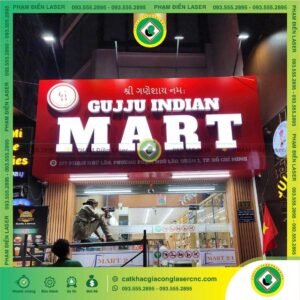 Biển Hiệu Alu Chữ Nổi Mica Hông Nhôm Gujju Indian Mart Nền Alu Đỏ