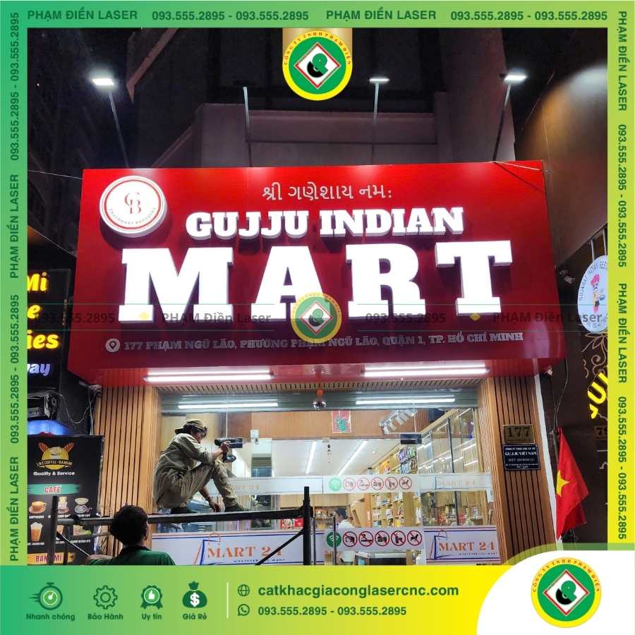 Biển Hiệu Alu Chữ Nổi Mica Hông Nhôm Gujju Indian Mart Nền Alu Đỏ