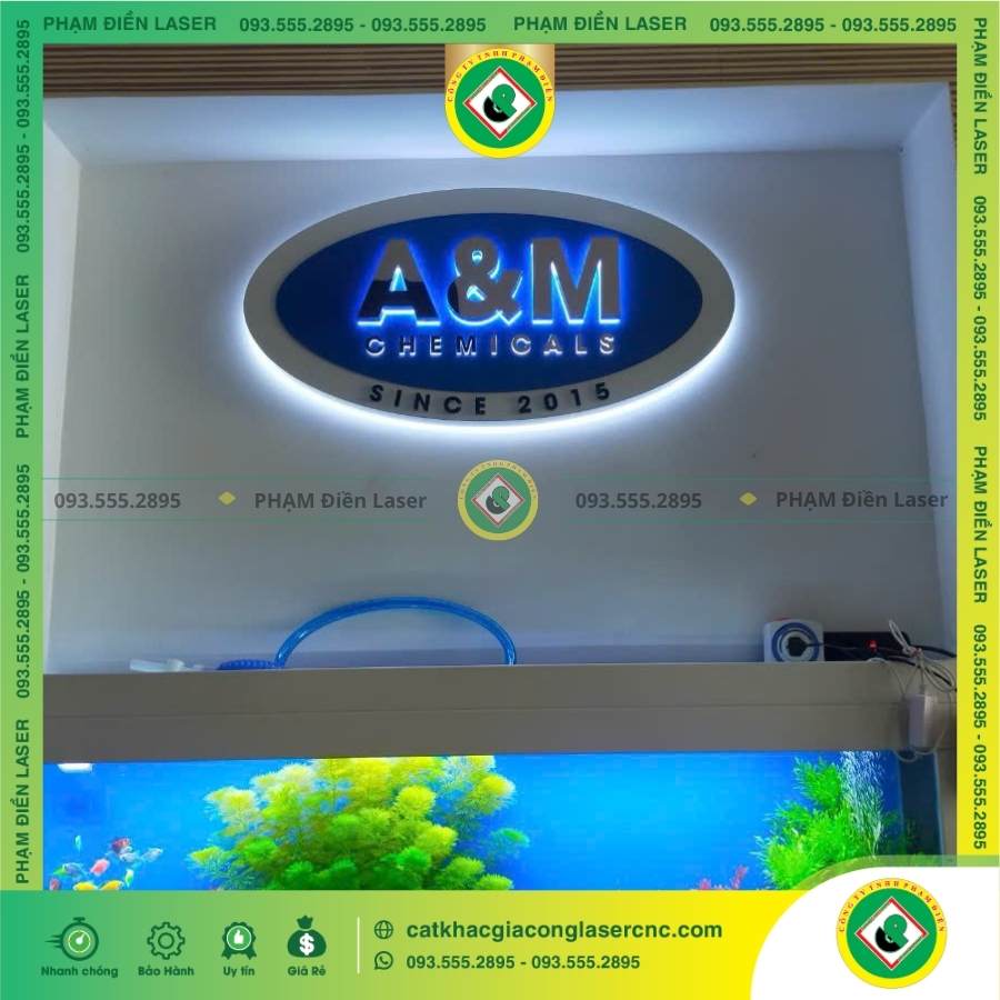 Biển Hiệu Hộp Đèn LED Sáng Chân Alu Chữ Nổi Inox Công Ty A&M