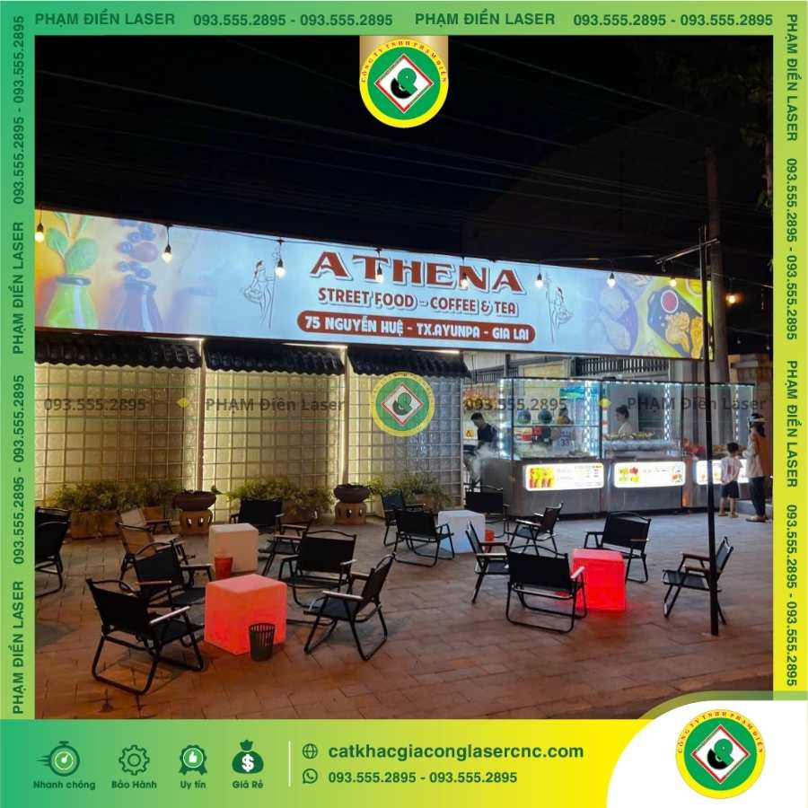 Làm Biển Hiệu Hộp Đèn LED In UV Cho Quán Cà Phê Athena