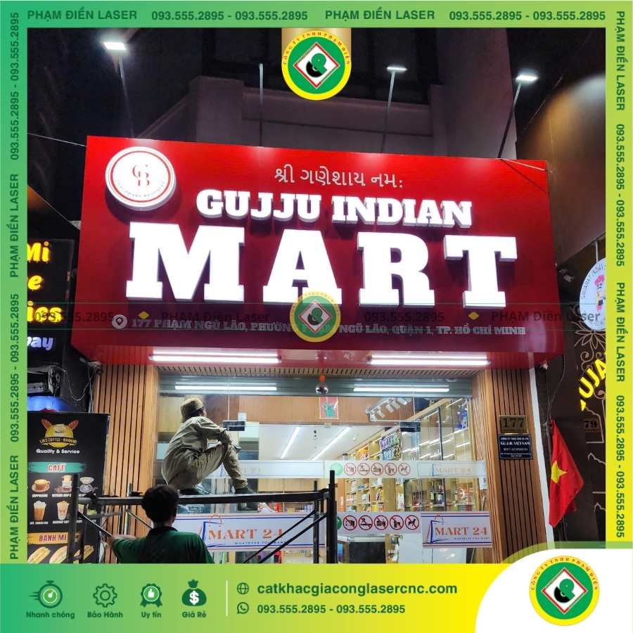 Quy trình làm biển hiệu Alu chữ nổi Mica hông nhôm Gujju Indian Mart