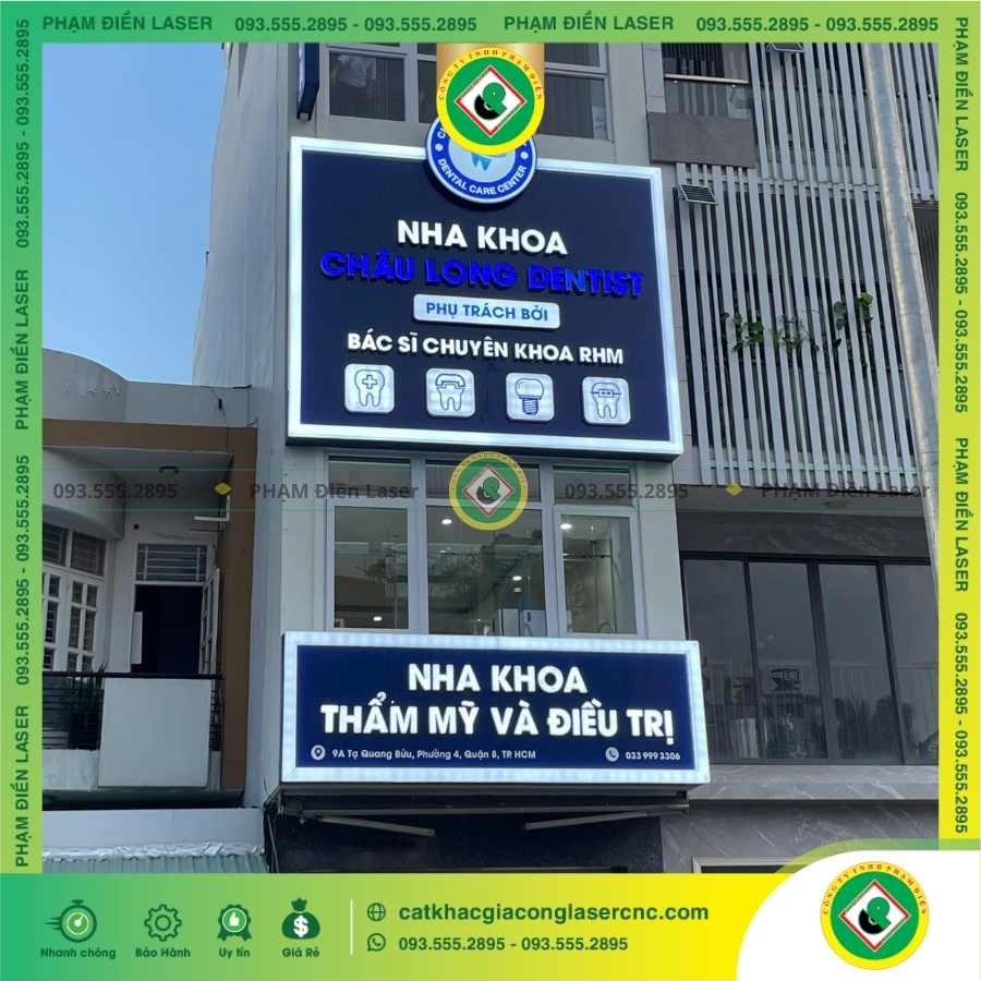 Quy trình làm biển hiệu Alu đục lỗ chữ nổi Mica Nha Khoa Châu Long