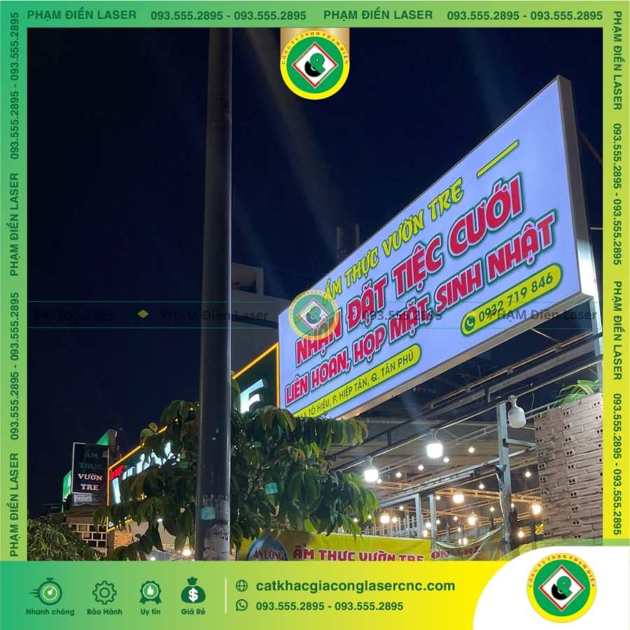 Quy trình thi công biển hiệu bạt mặt tiền nhà hàng Vườn Tre chuyên nghiệp