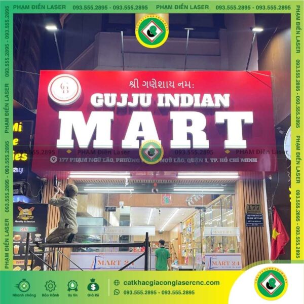 Ứng dụng thực tế biển hiệu Alu chữ nổi Mica Gujju Indian Mart