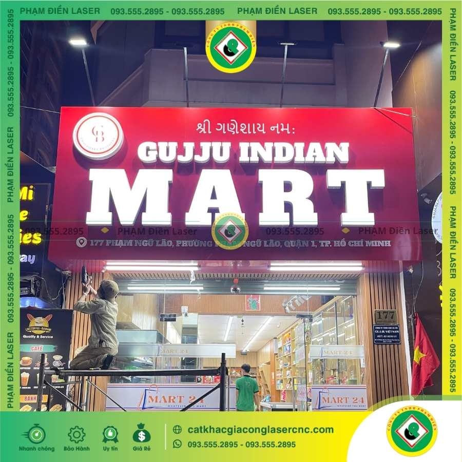 Ứng dụng thực tế biển hiệu Alu chữ nổi Mica Gujju Indian Mart