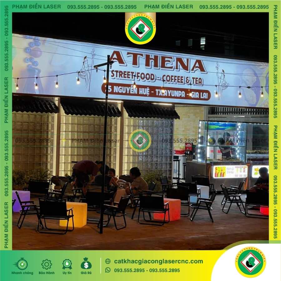 Vì sao quán cà phê Athena chọn biển hiệu hộp đèn LED in UV?